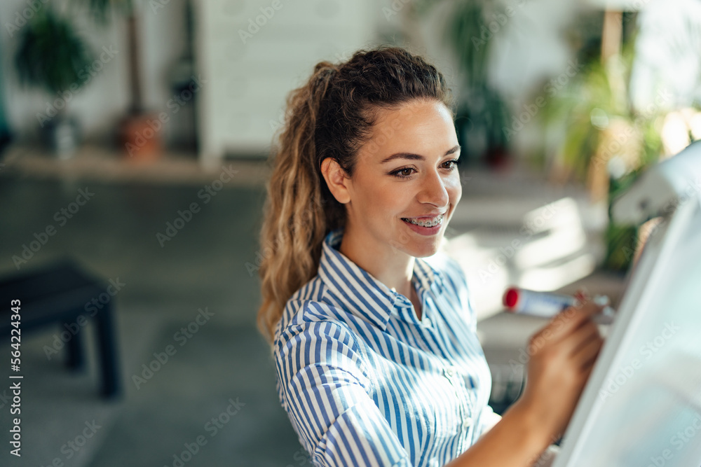 Close up of a happy business girl, using a marker, writing on the board.