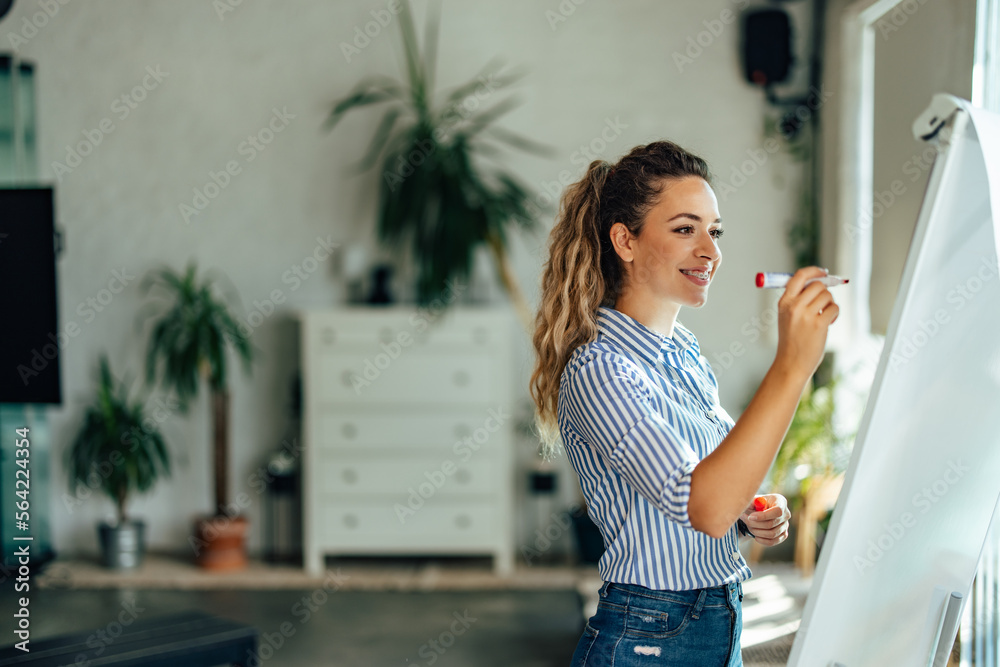 Positive girl making some plans about the new company project, using a white board and a marker.