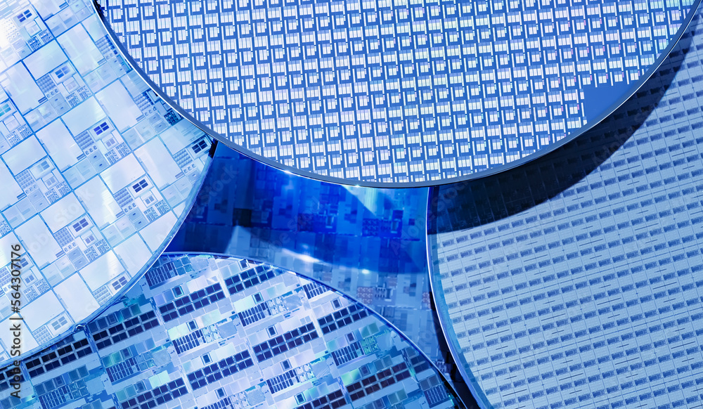 Silicon monocrystalline wafer with microchips manufacturing used in fabrication of electronic integr