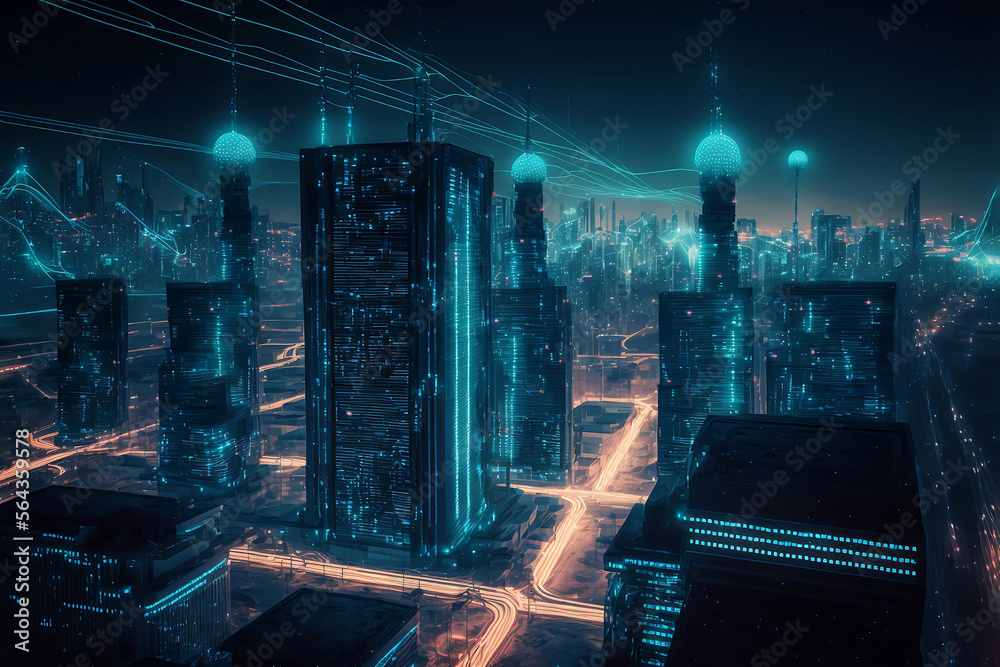 Night city Cyber punk landscape concept. Light glowing on dark scene. Night life. Technology network