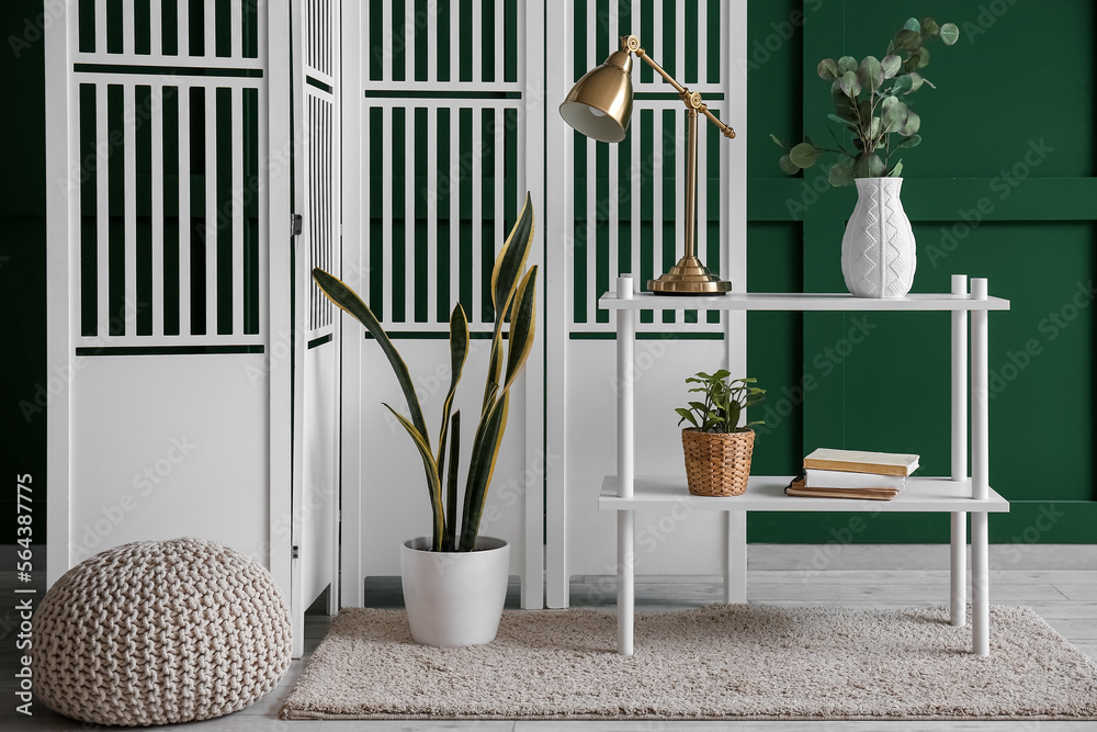 Interior of room with folding screen, shelving unit and houseplants near green wall