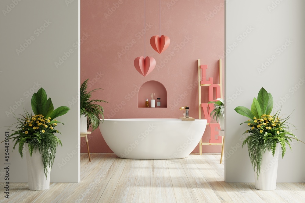 Valentines day in bathroom with bathtub on empty red wall.