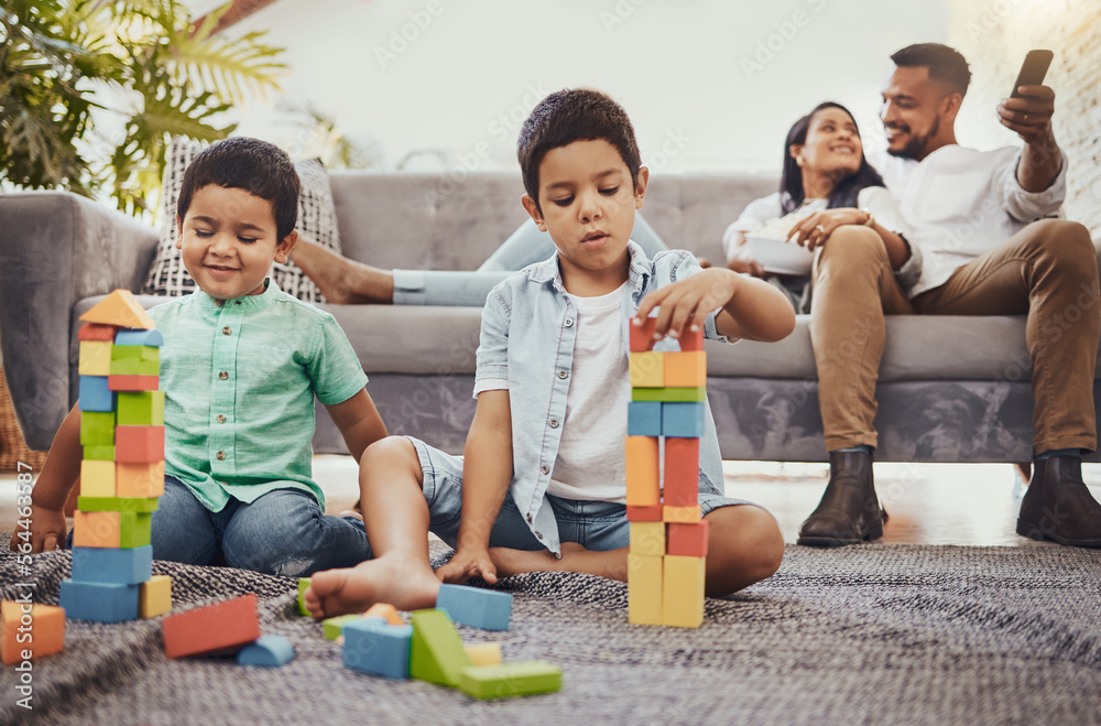 Family, toys and living room floor fun of children doing a learning knowledge development activity. 