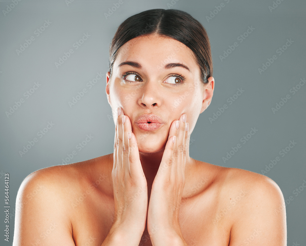 Skincare, beauty and shocked woman in a studio for a health, wellness and natural face routine. Cosm