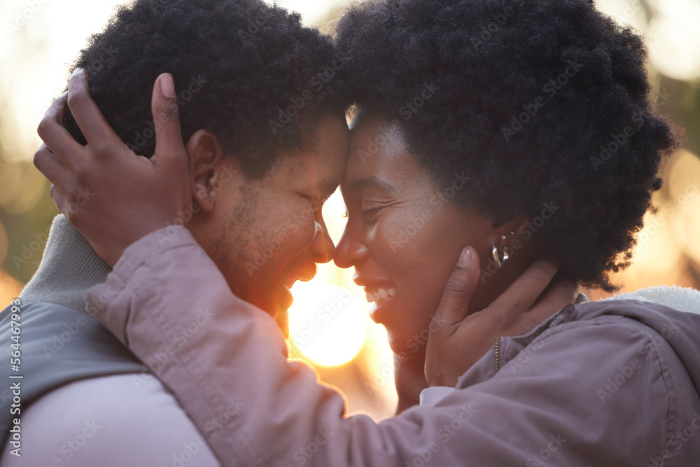 Couple, love and hiking in sunset kissing and faces touching outdoors after workout, fitness and exe