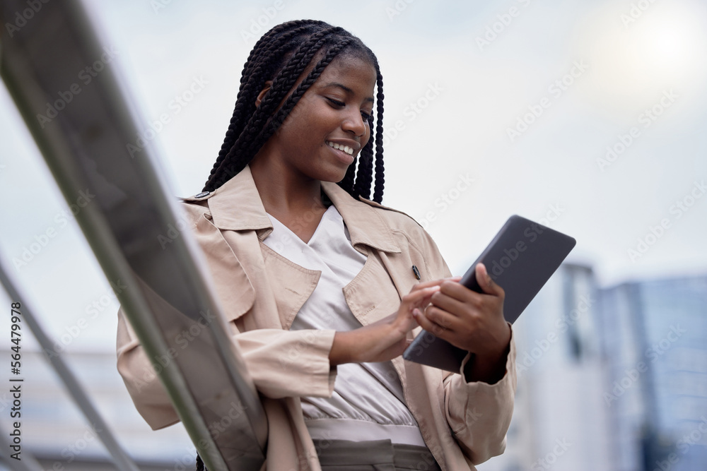 Business tablet, street and black woman in city, internet browsing or research. Technology, employee