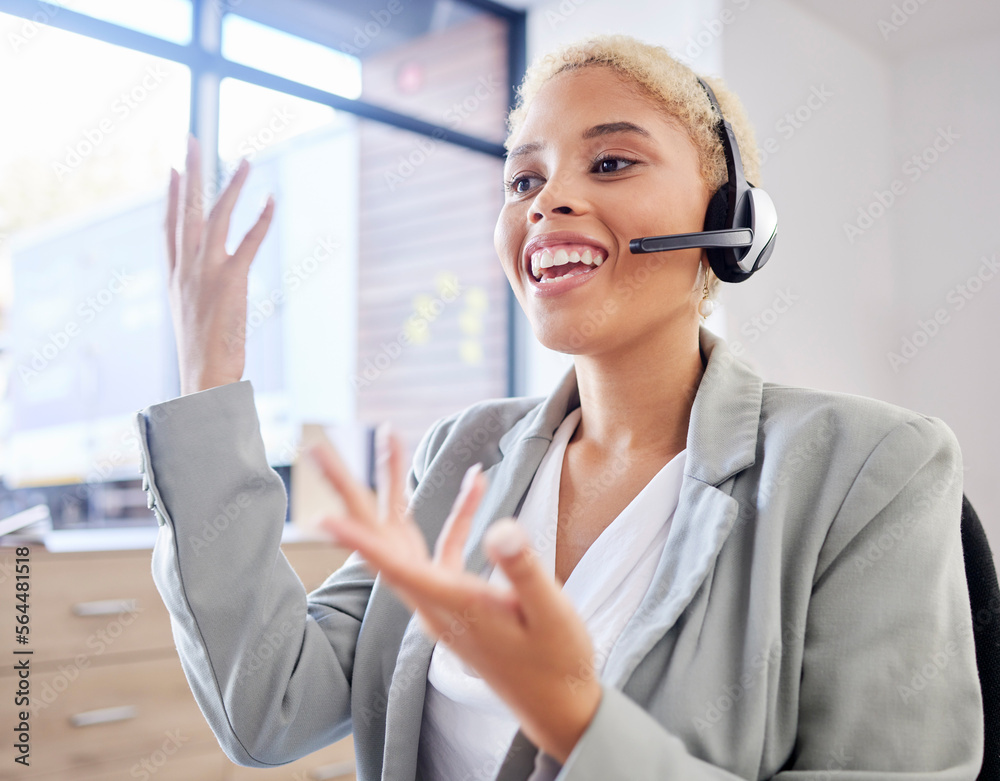 Business, black woman and call center for customer support, talking and telemarketing with happy age