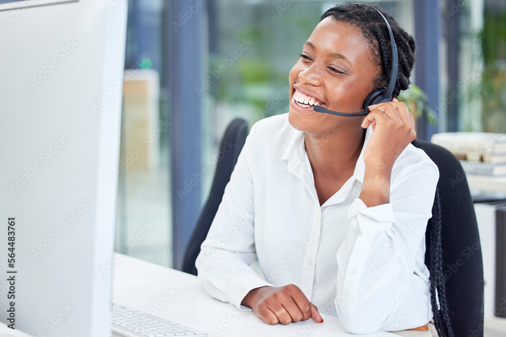 Black woman, call center and smile for telemarketing, customer service or support by computer at the