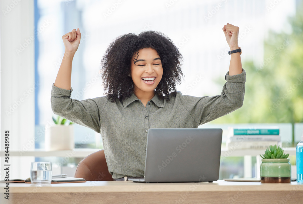 Wow, success and excited black woman with laptop reading email with news of bonus, promotion or winn