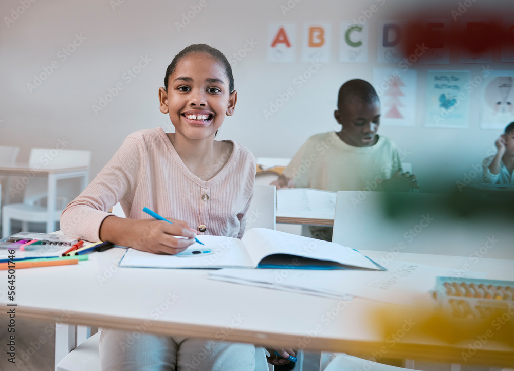 Education, class and portrait of child with smile in classroom learning reading, writing and math in