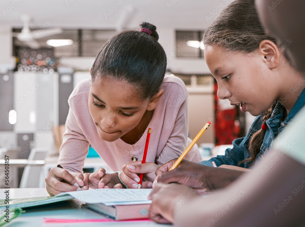 Kids, students and group writing in classroom for learning activity and education together with stat