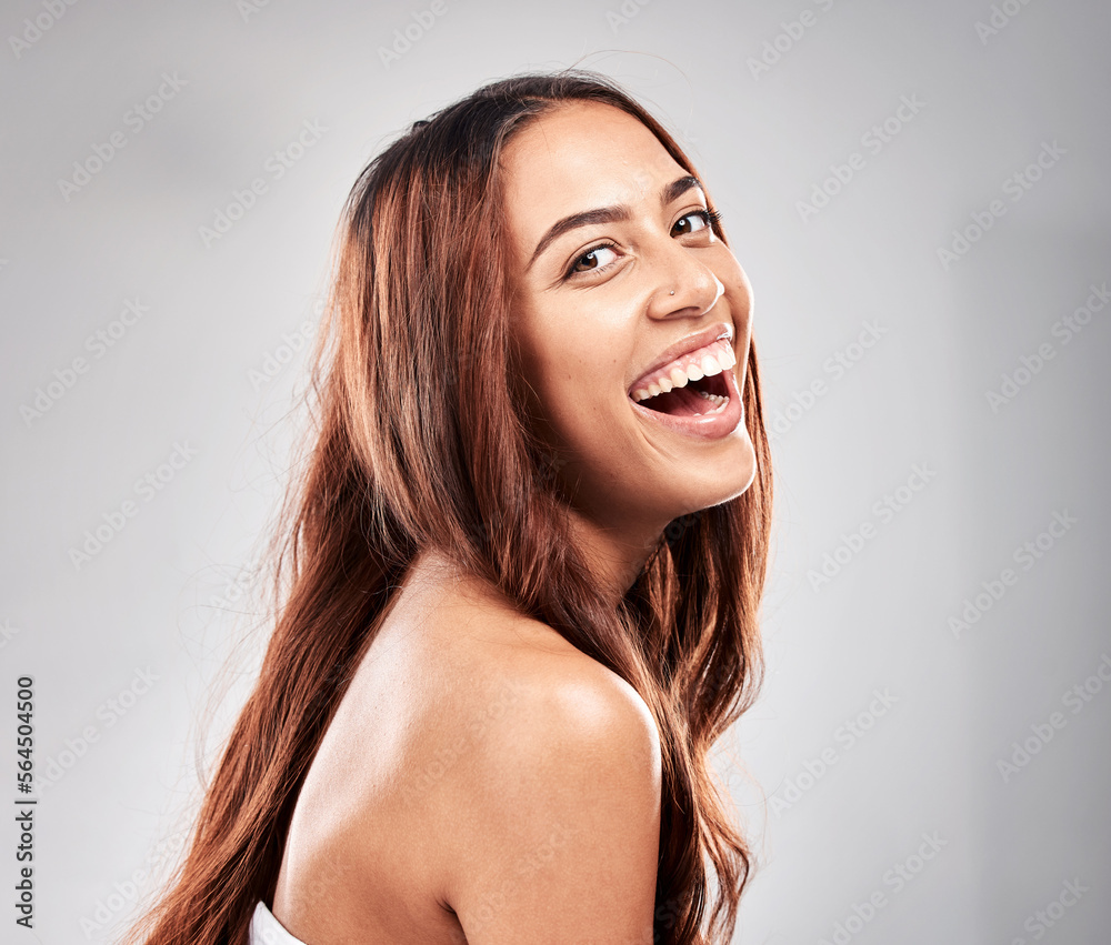 Happy, portrait and woman in studio for hair, beauty and salon treatment on grey background. Face, h