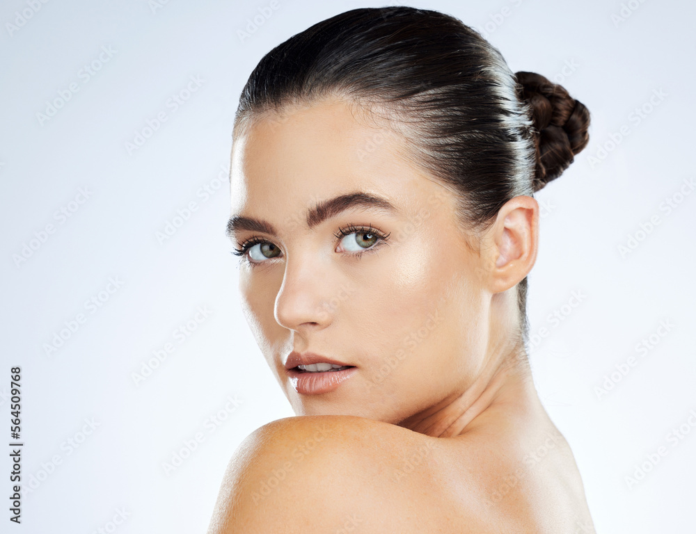 Skincare, beauty and face of woman isolated in white background in natural cosmetics, young glow and