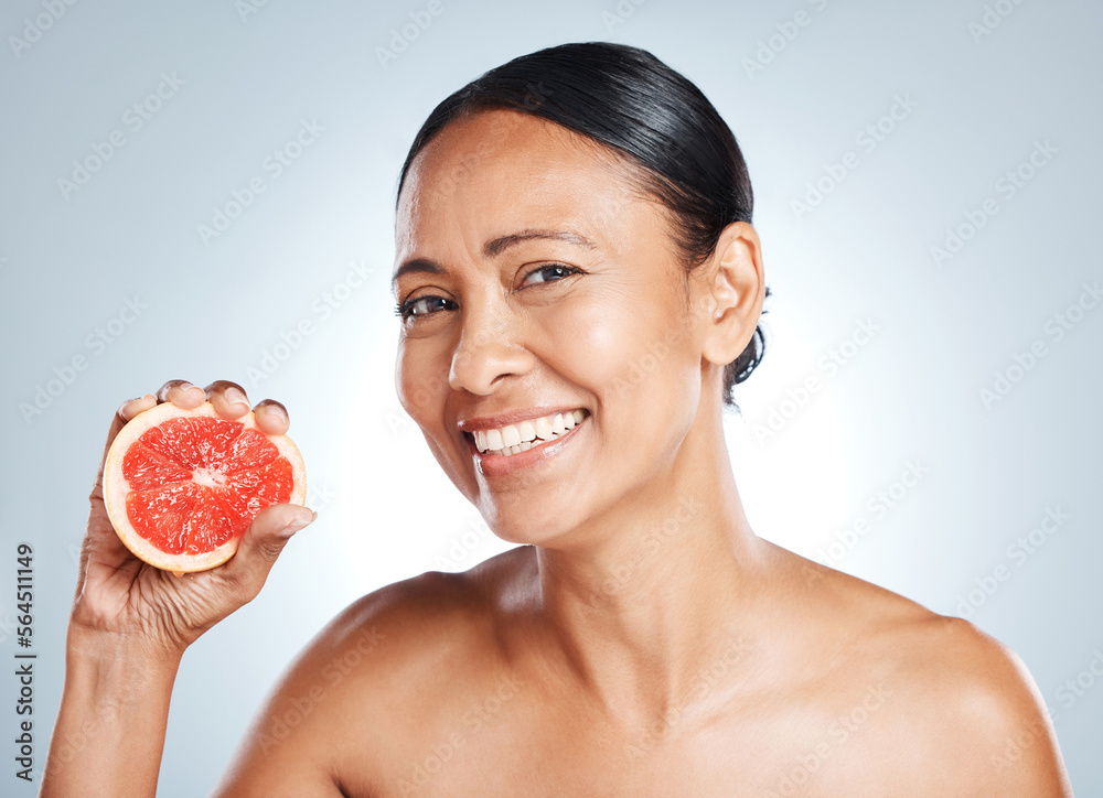 Grapefruit, happy woman and face portrait for beauty on studio background. Skincare model, smile and