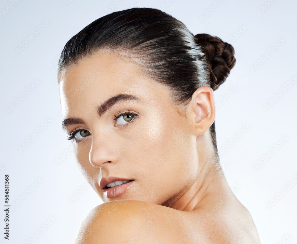 Skincare, beauty and woman face isolated on a white background in natural cosmetics, makeup glow and