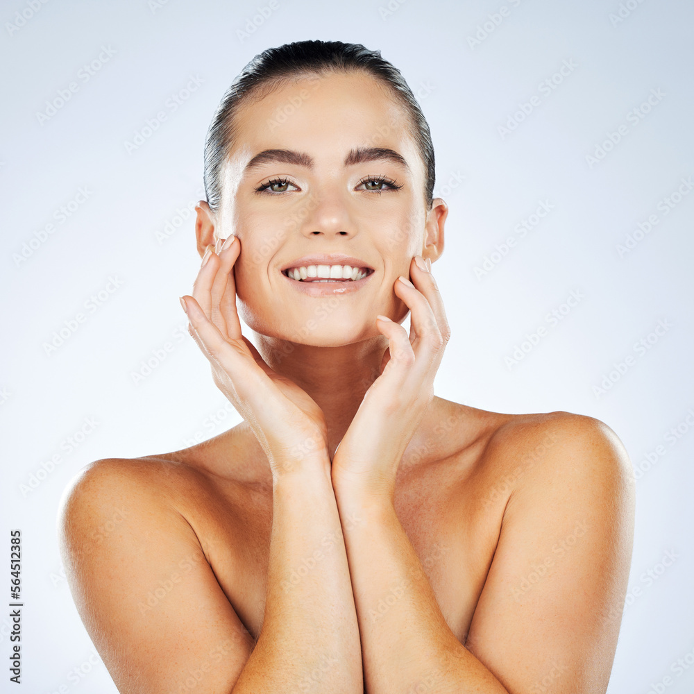 Skincare, portrait and facial for skin glow on a woman isolated against a studio white background. C