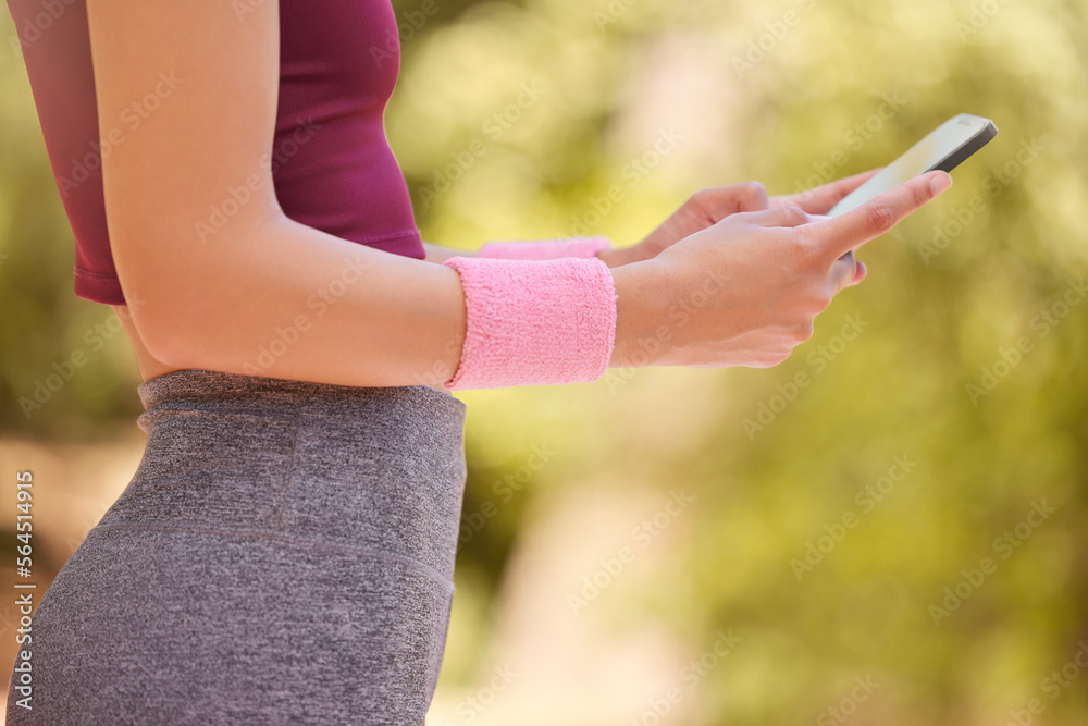 Phone, fitness and woman hands in park to search digital workout online, reading notification or soc