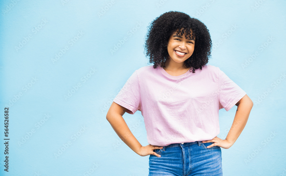 Studio mock up, happy portrait and black woman smile for sales promo, discount gift deal or mockup s