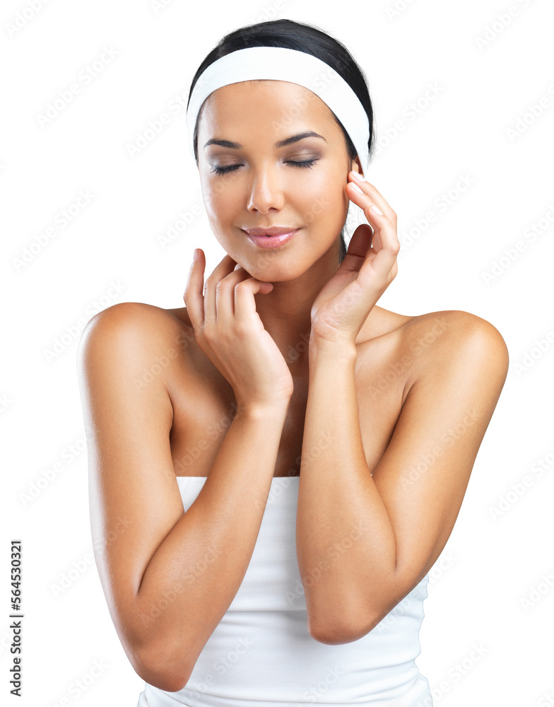 A beautiful young woman wearing a headband isolated on a PNG background.