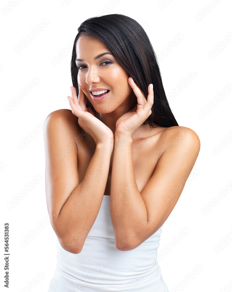 An attractive young woman with glowing soft skin  isolated on a PNG background.