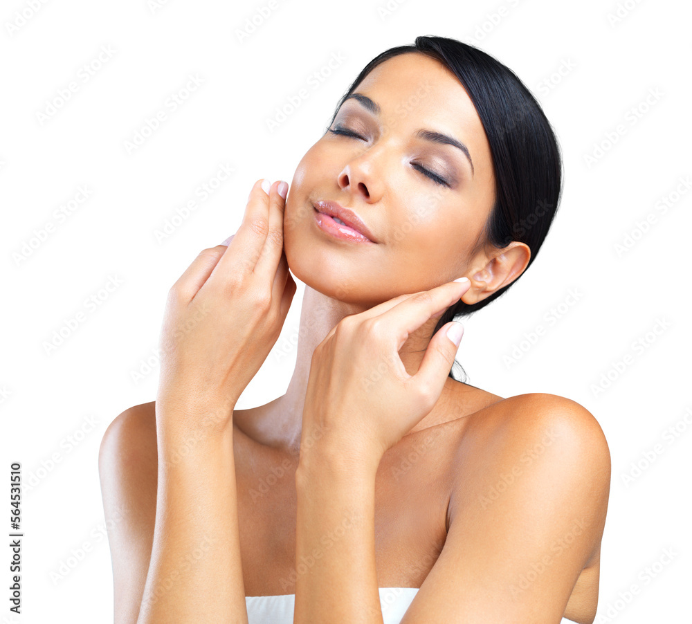 A beautiful young woman touching her skin isolated on a PNG background.