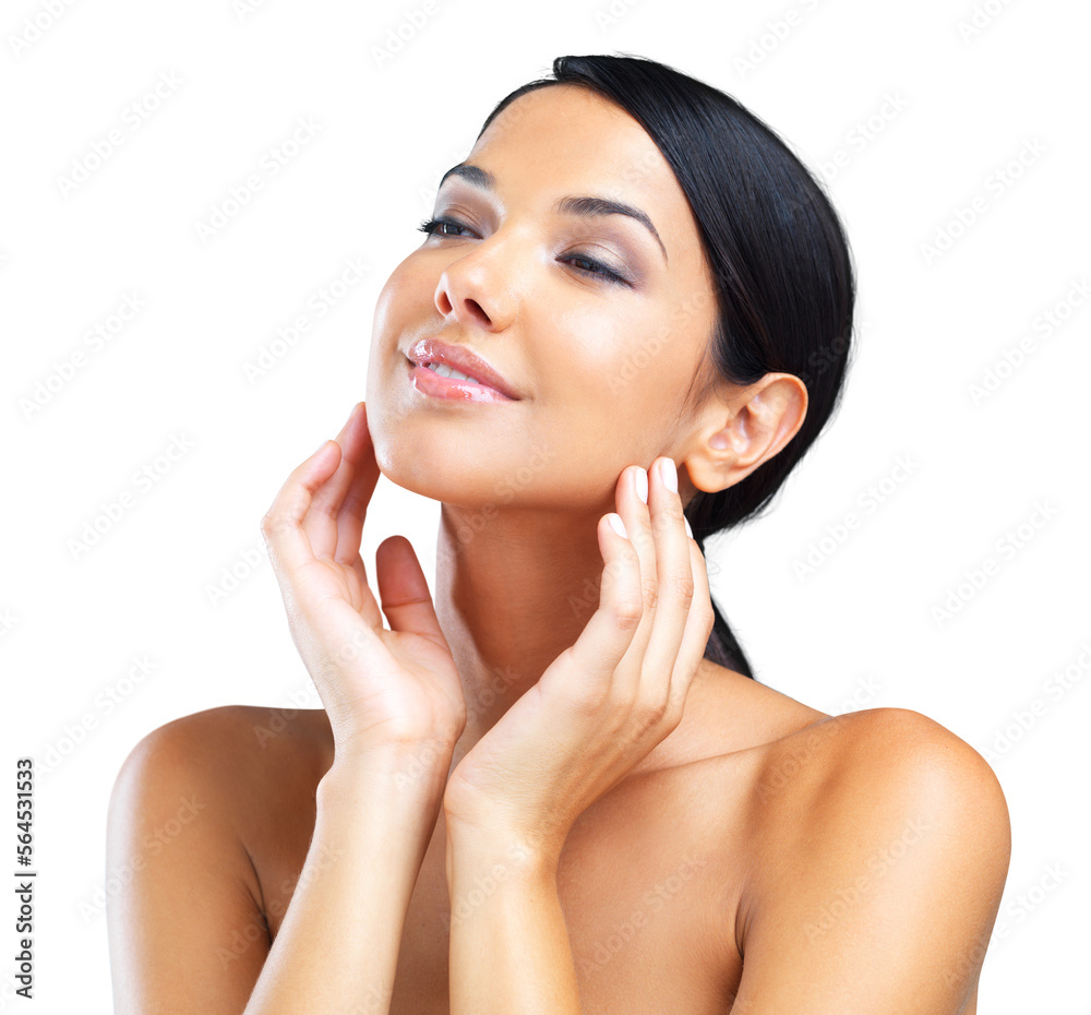 A beautiful young woman feeling her skin isolated on a PNG background.