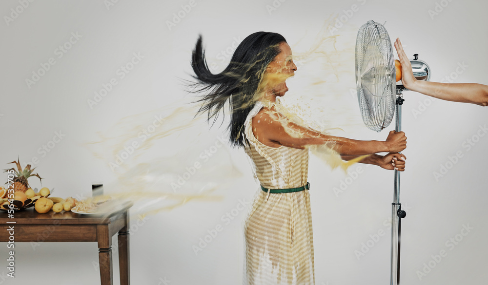 Art, juice and summer splash, woman with refreshing wind in face from fan and fruit for cocktail dri