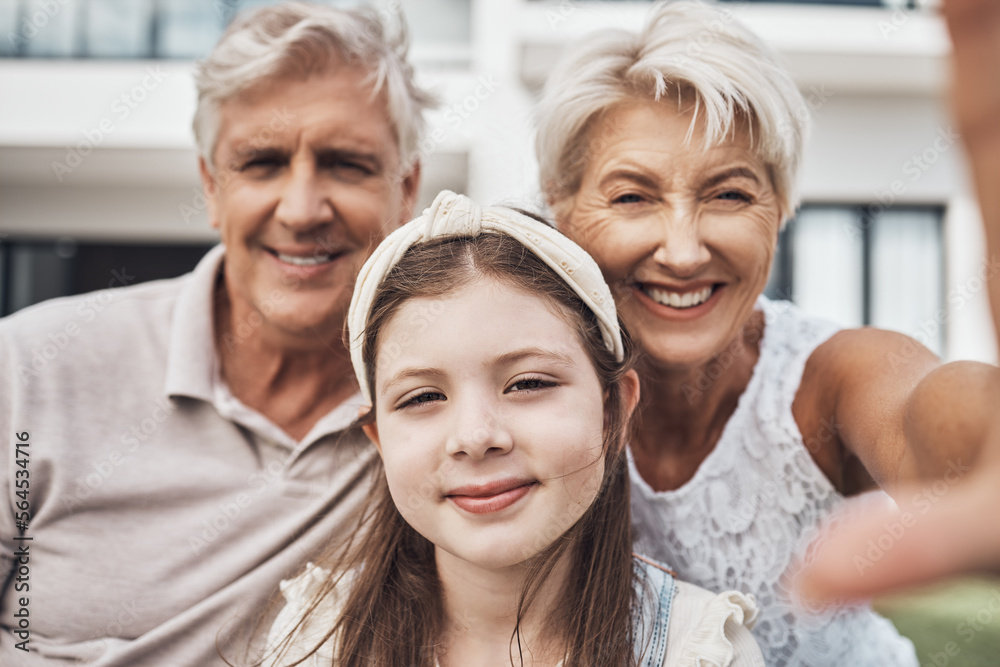 Portrait, grandparents and child love taking a selfie as a happy family in summer holidays in a back