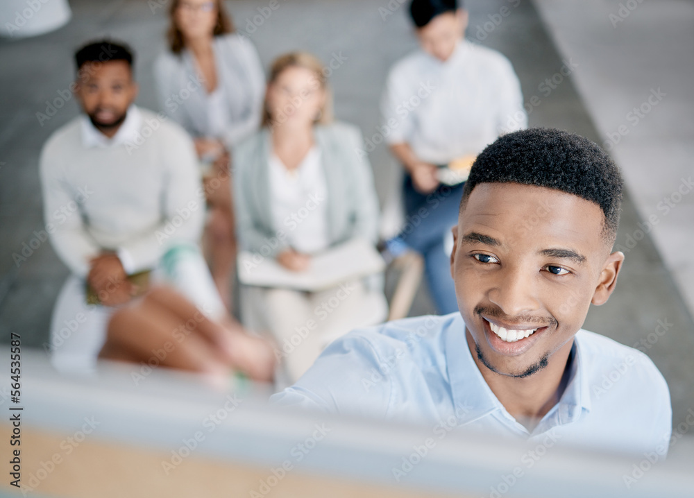 Face, meeting and presentation with a business black man writing on a whiteboard while coaching his 