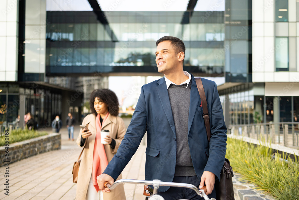 Bike, commute and city with a business man using eco friendly transport for travel to his office for