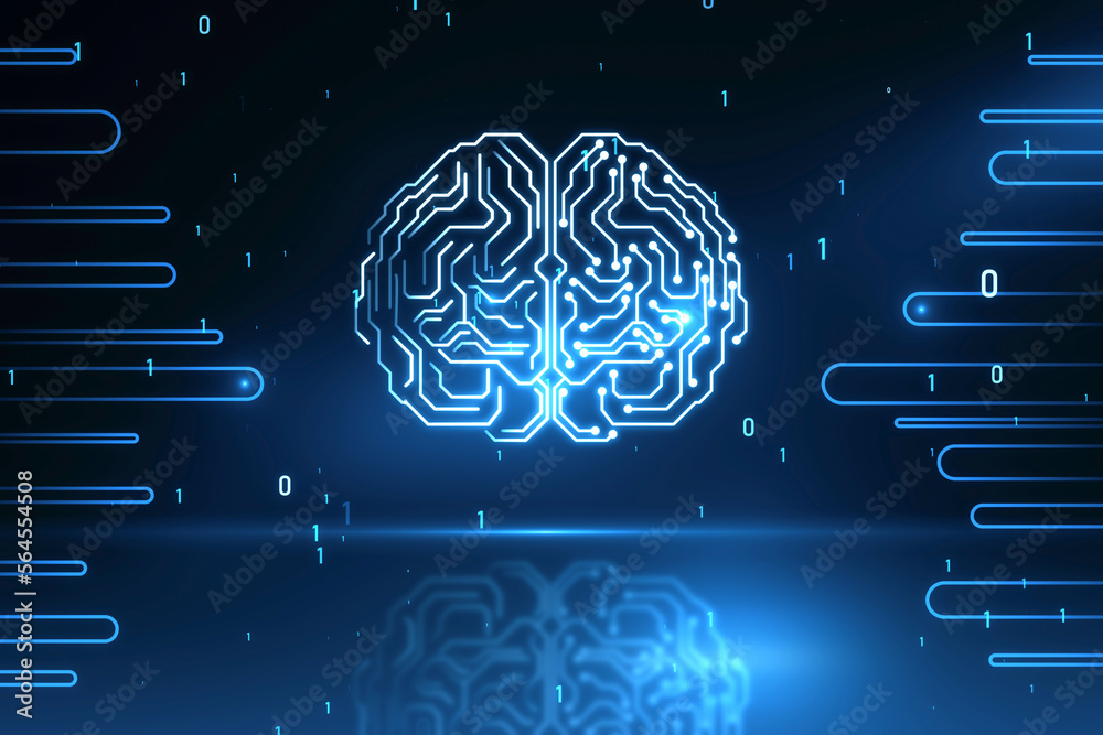 Glowing circuit human brain hologram on blurry backdrop with coding. Artificial intelligence, neurol