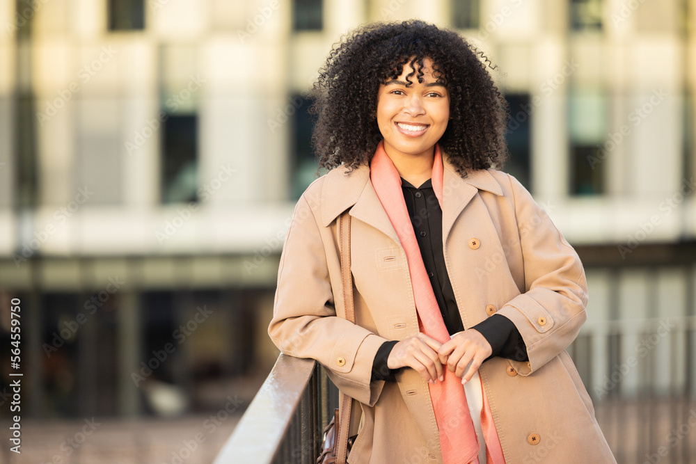 Portrait, fashion and city with a business black woman outdoor in the morning on her commute to work