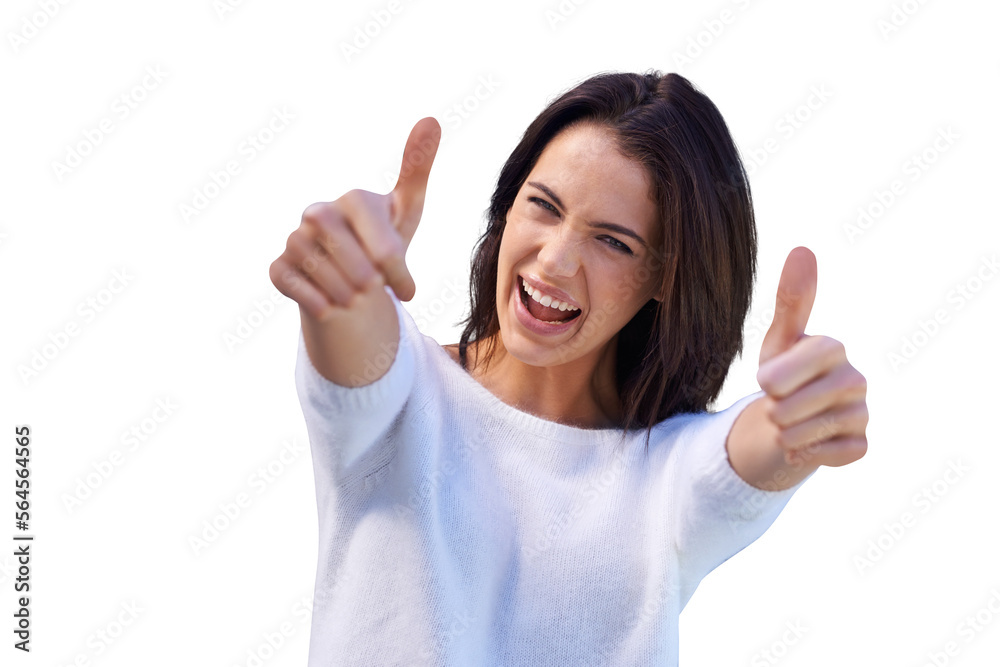 A happy young woman standing and giving thumbs isolated on a PNG background.