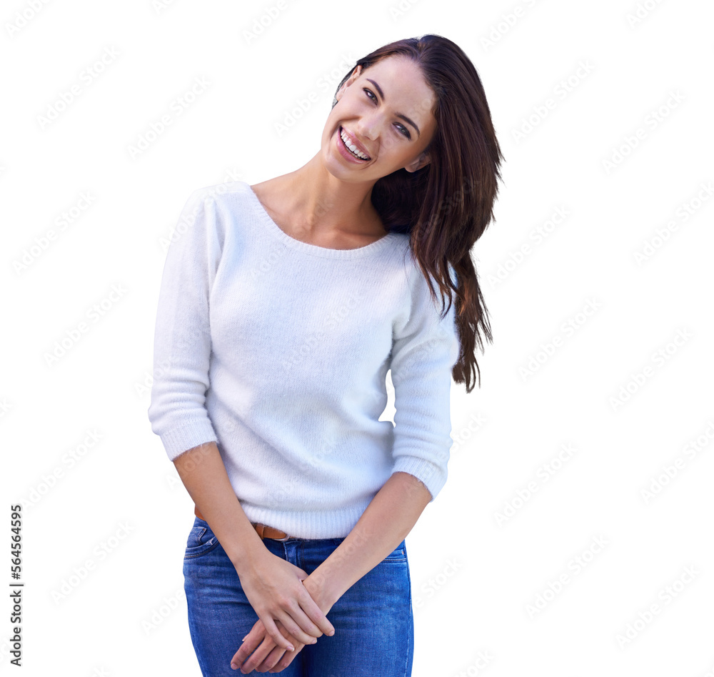 A happy young woman standing. isolated on a PNG background.