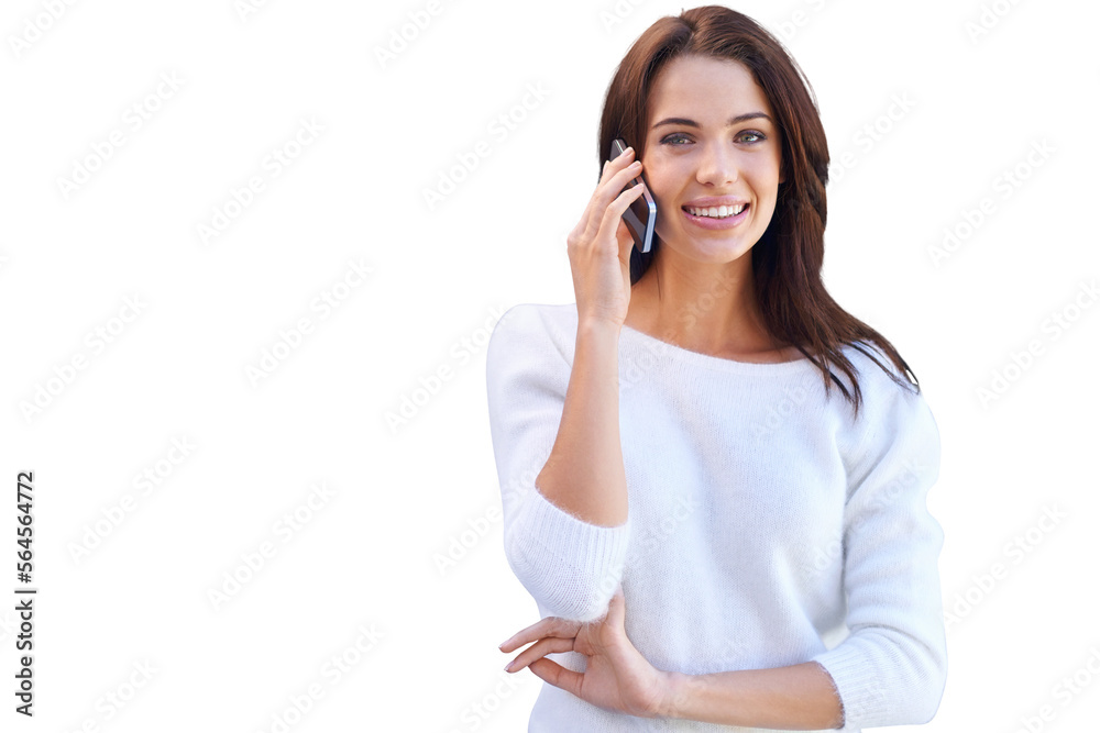 An attractive young woman using her mobile phone isolated on a PNG background.