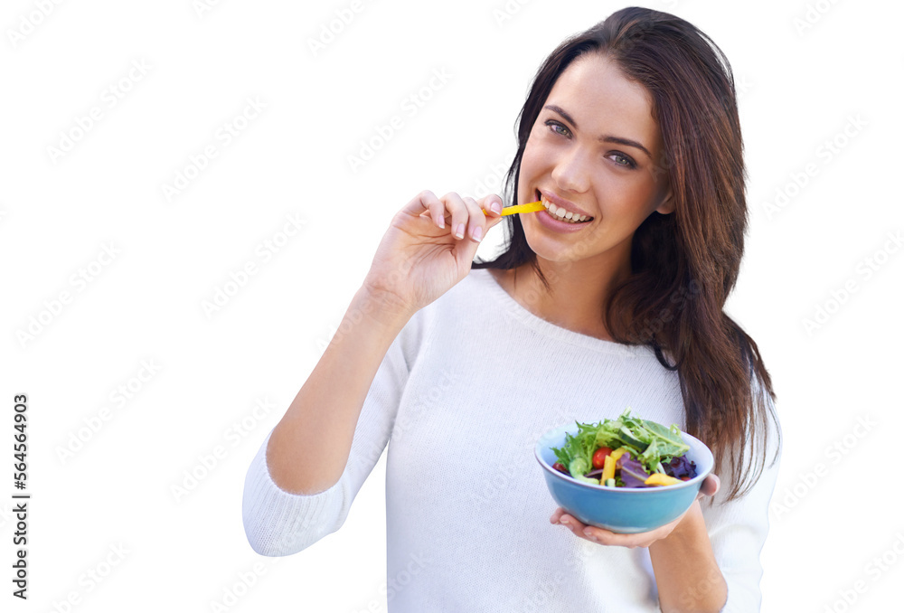 An attractive young woman standing and eating a bowl of salad isolated on a PNG background.