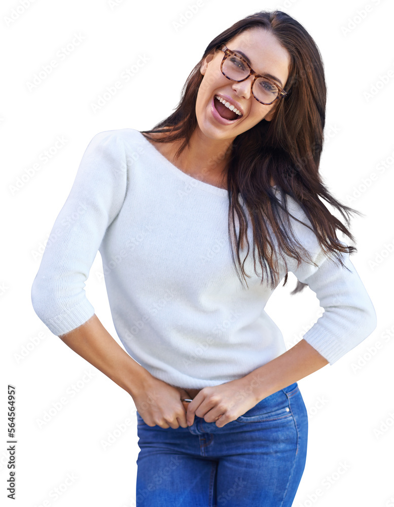 A happy young woman standing isolated on a PNG background.