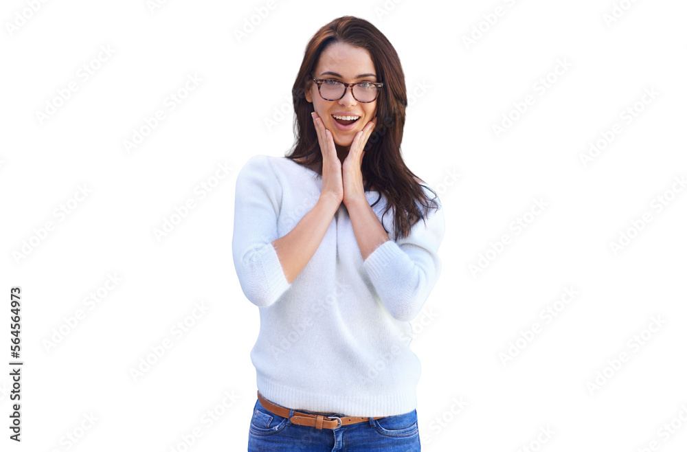 An attractive young woman looking surprised isolated on a PNG background.