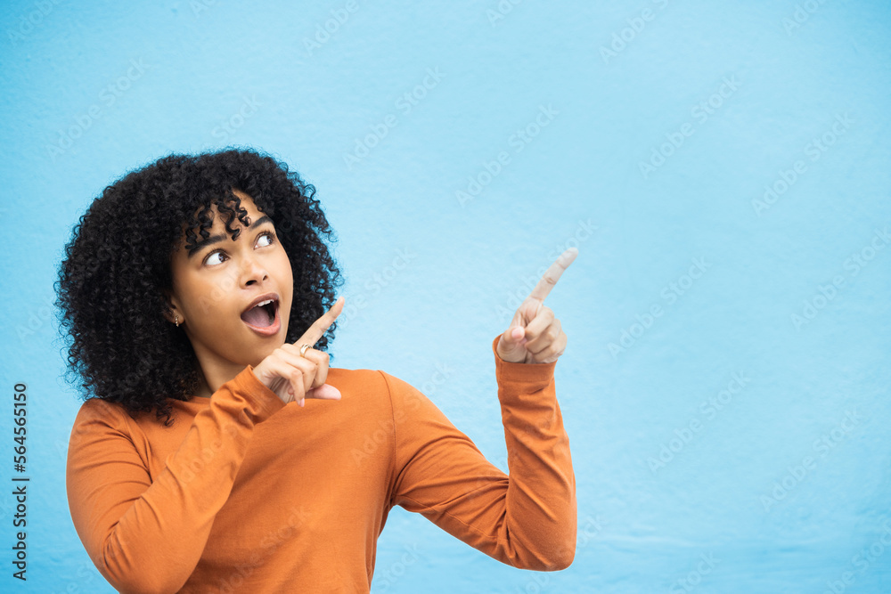 Black woman, wow or pointing hands at promotion mockup, advertising space or marketing mock up on bl