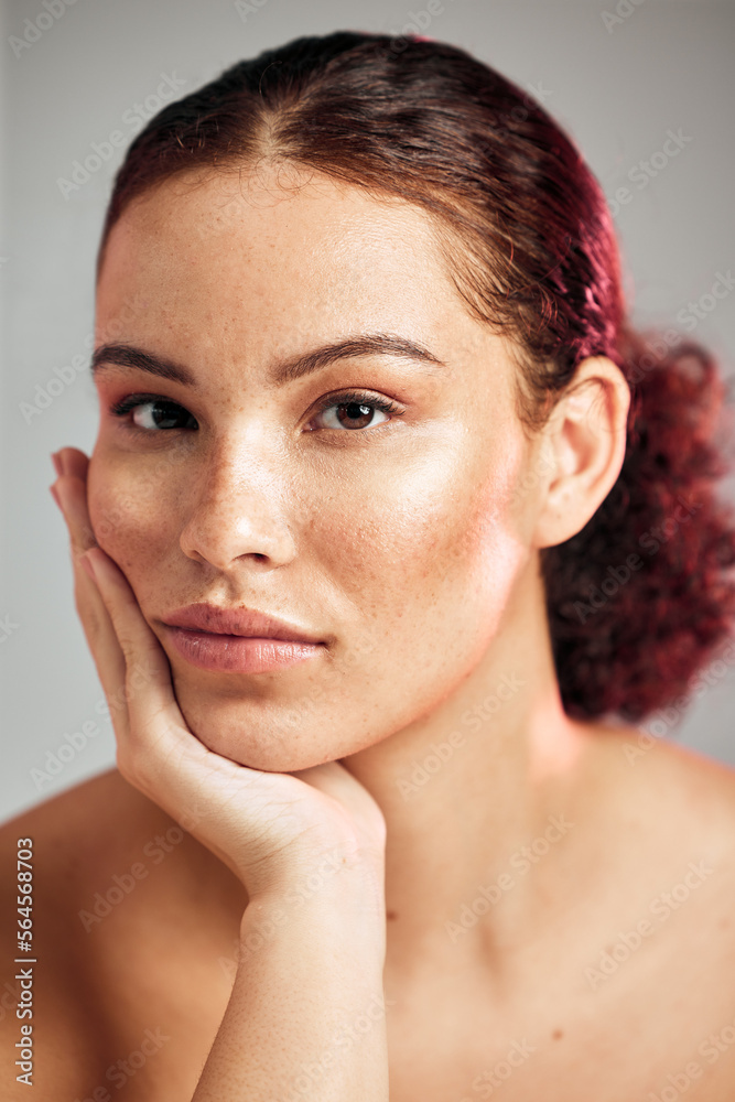 Skincare, face portrait and beauty of natural person in studio for dermatology, makeup and cosmetics