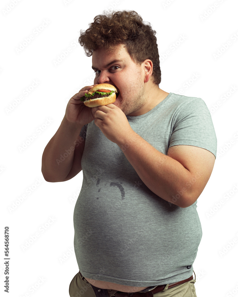 An overweight man biting into a burger isolated on a PNG background.