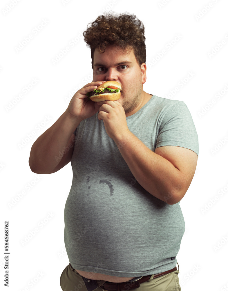 An overweight man biting into a burger isolated on a PNG background.