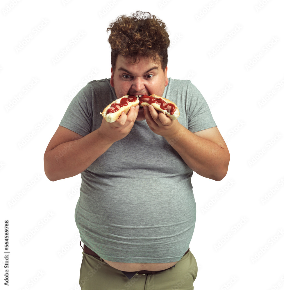 An overweight man eating two hotdogs at once isolated on a PNG background.