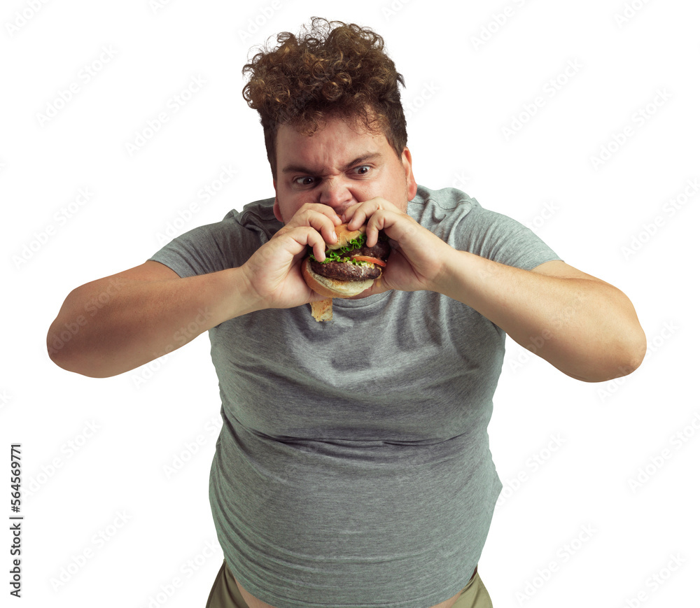 An overweight man biting into a burger isolated on a PNG background.