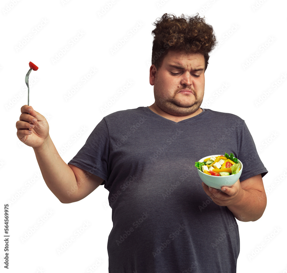 An overweight man holding a bowl of salad isolated on a PNG background.