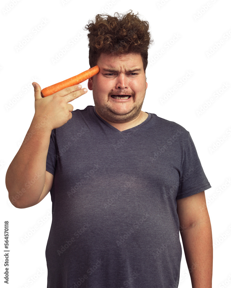 An overweight man holding a carrot to his head isolated on a PNG background.