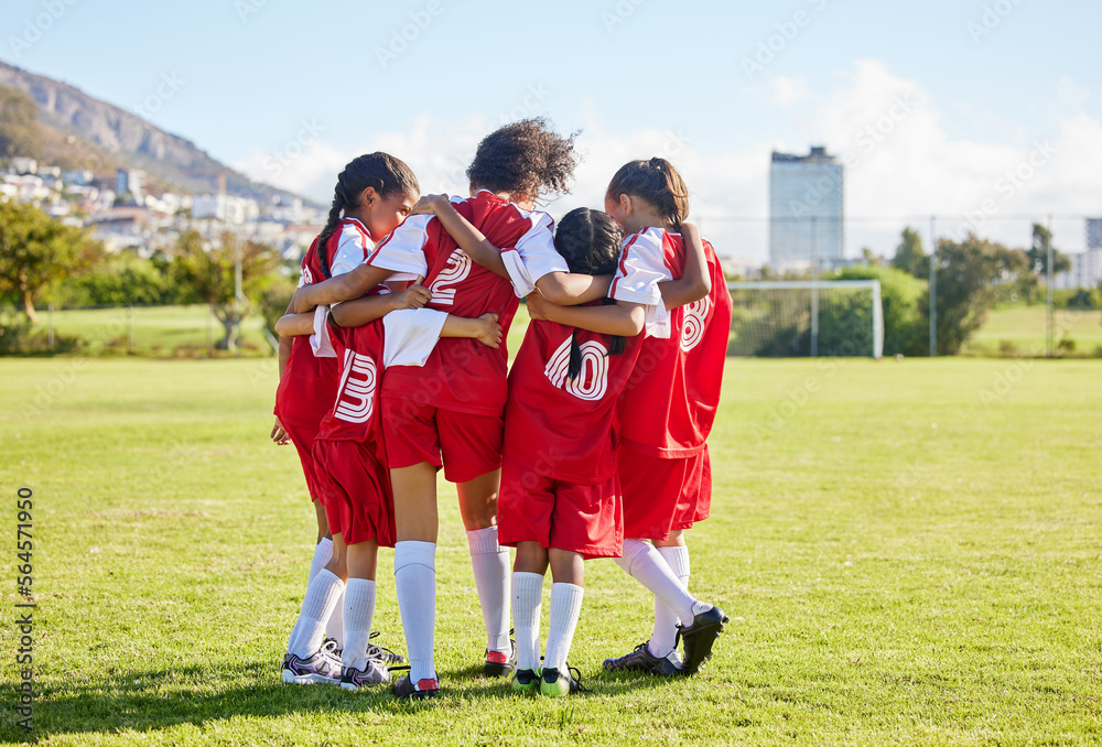 Diversity, sports girl hug and soccer field training for youth competition match playing at stadium 