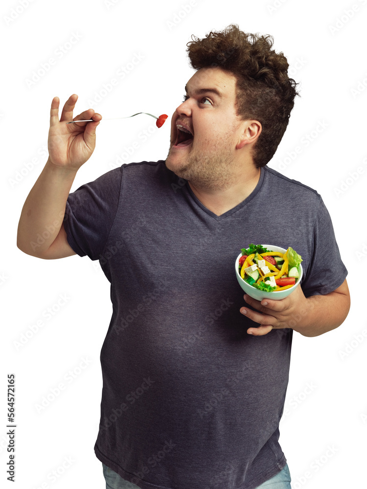 An overweight man holding a bowl of salad isolated on a PNG background.