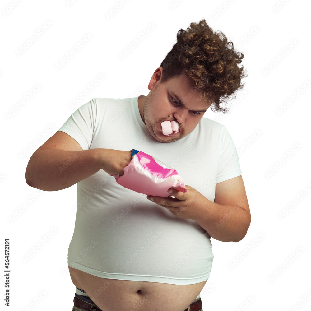 An overweight man with marshmallows shoved in his mouth isolated on a PNG background.