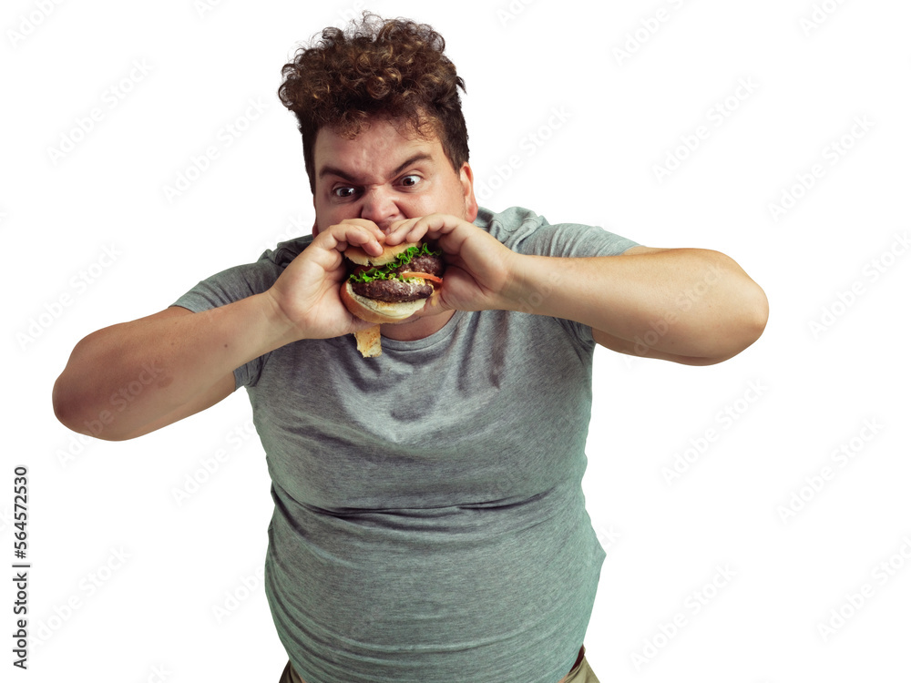 An overweight man biting into a burger isolated on a PNG background.